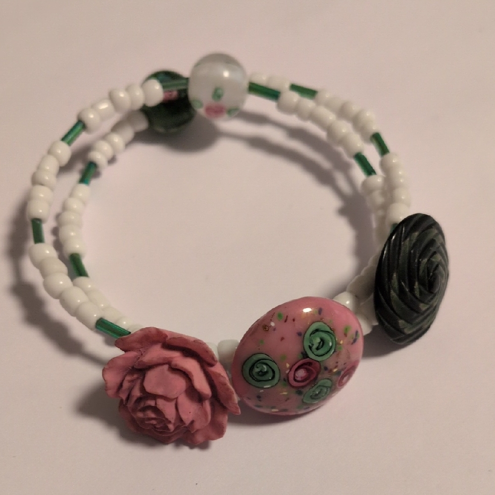 Floral Beaded Wire‎ Wrap Bracelet with Pink and Green Floral Accents